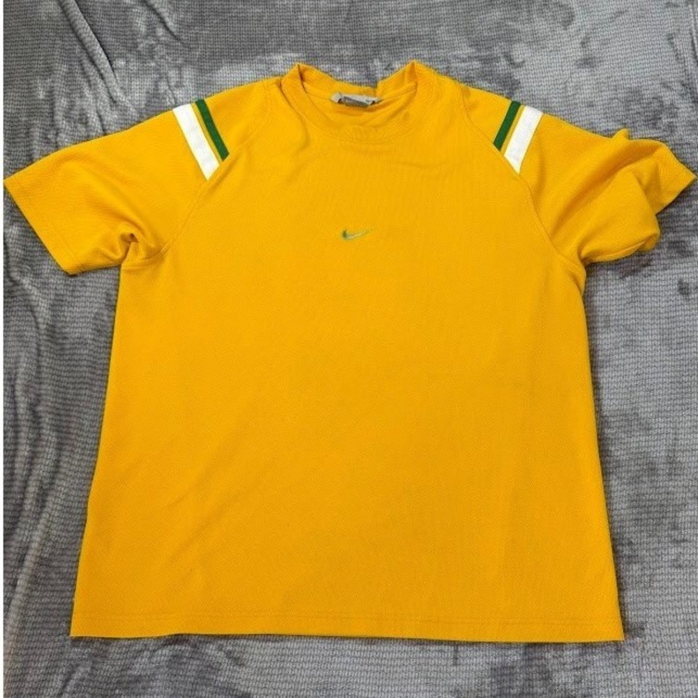 Nike‎ Mens Yellow Athletic Training T-Shirt Short Sleeve Green White Stripe XL.